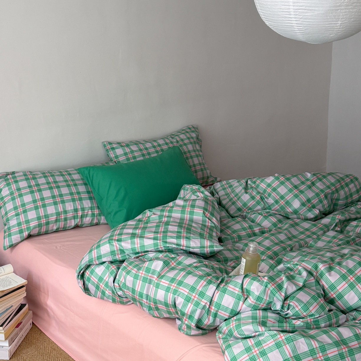 91家纺网 家纺一手货源 找家纺 （总）艾沁家纺 2026新款13372全棉数码印花小清新格子四件套-蜜桃青柠