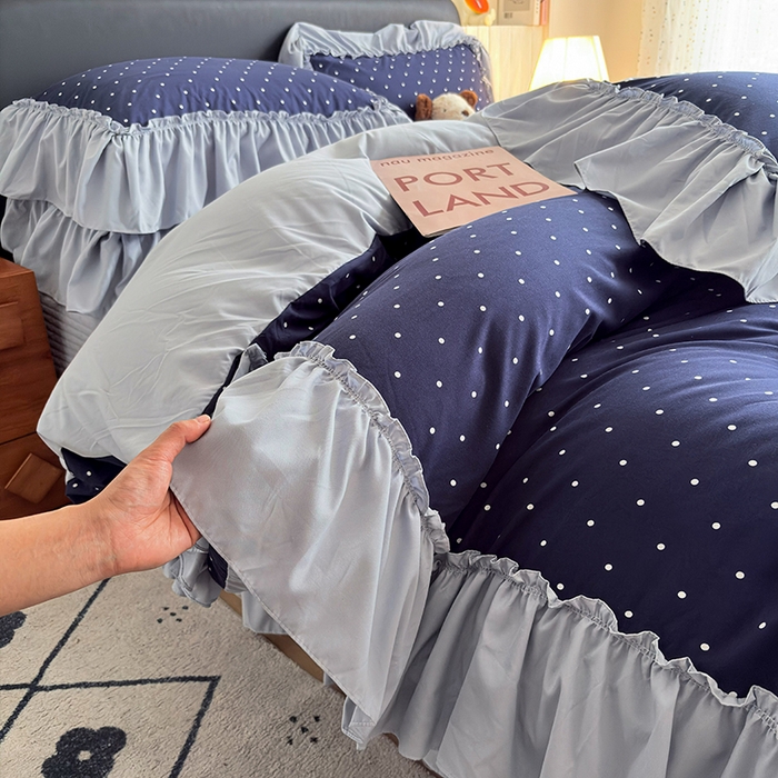 梵克保罗 2026新款韩系古法韩国水洗棉云感棉法式浪漫大花边床盖四件套 蓝雾波点