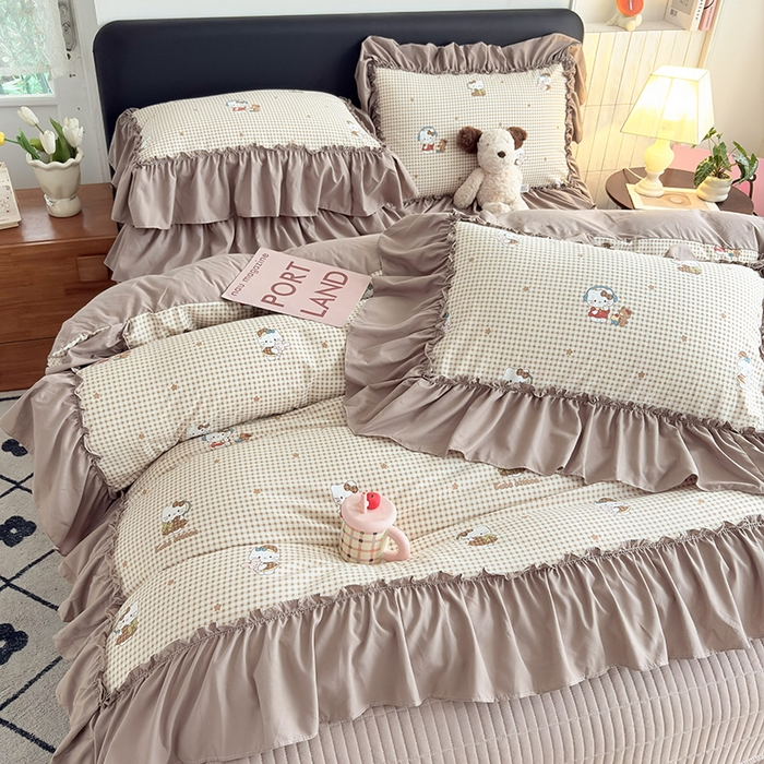 91家纺网 家纺一手货源 找家纺 梵克保罗 2026新款韩系古法韩国水洗棉云感棉法式浪漫大花边床盖四件套 奶咖kt