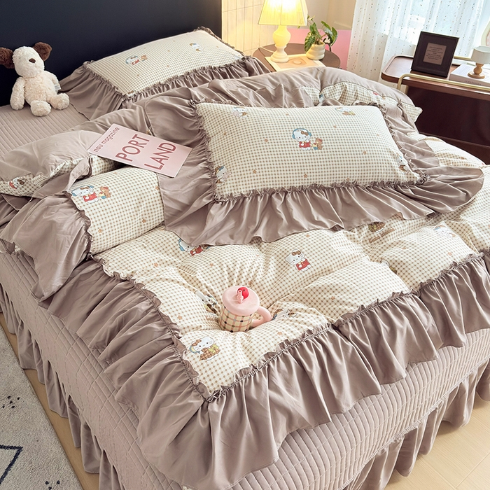 91家纺网 家纺一手货源 找家纺 梵克保罗 2026新款韩系古法韩国水洗棉云感棉法式浪漫大花边床盖四件套 奶咖kt