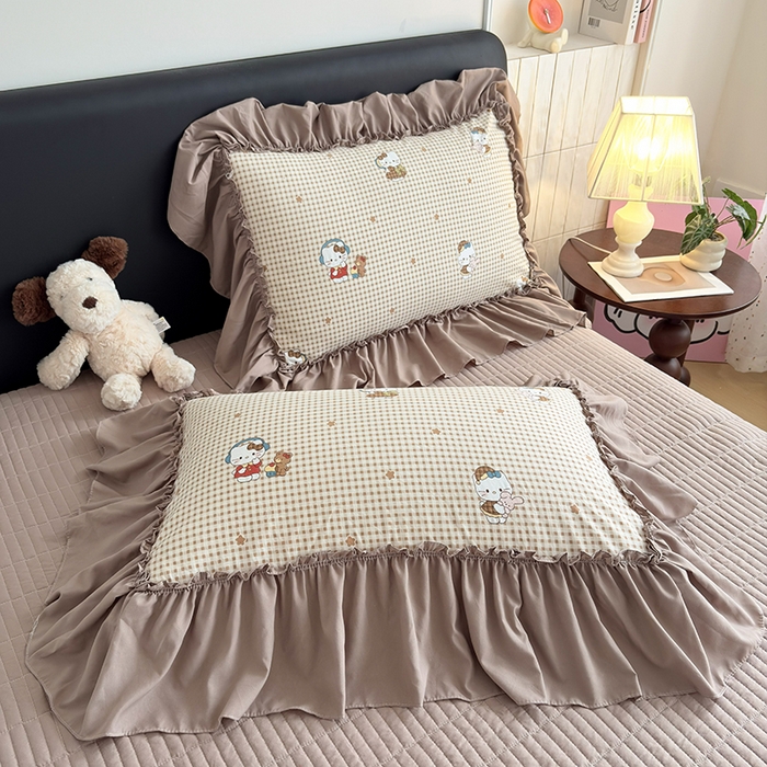 91家纺网 家纺一手货源 找家纺 梵克保罗 2026新款韩系古法韩国水洗棉云感棉法式浪漫大花边床盖四件套 奶咖kt