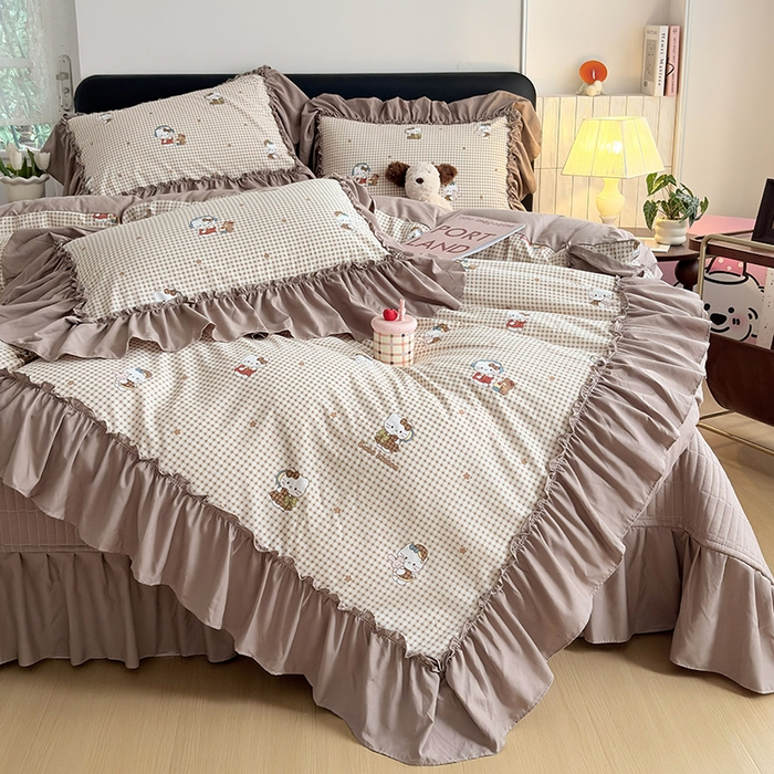 91家纺网 家纺一手货源 找家纺 梵克保罗 2026新款韩系古法韩国水洗棉云感棉法式浪漫大花边床盖四件套 奶咖kt