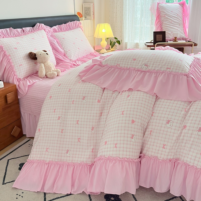 梵克保罗 2026新款韩系古法韩国水洗棉云感棉法式浪漫大花边床盖四件套 奶粉kt