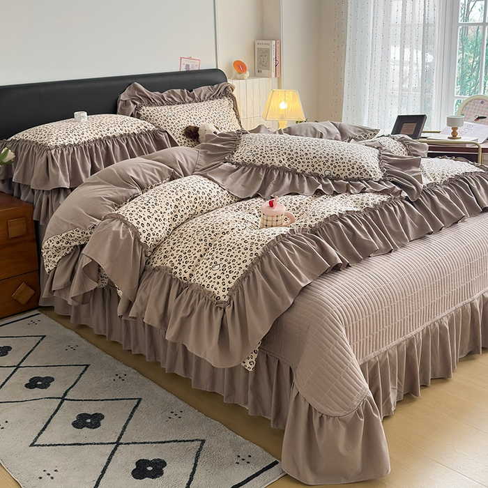 梵克保罗 2026新款韩系古法韩国水洗棉云感棉法式浪漫大花边床盖四件套 赫本豹影