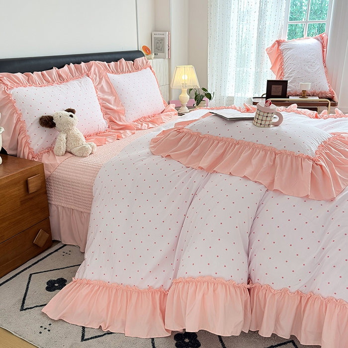 梵克保罗 2026新款韩系古法韩国水洗棉云感棉法式浪漫大花边床盖四件套 粉雾波点