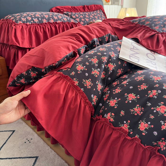 梵克保罗 2026新款韩系古法韩国水洗棉云感棉法式浪漫大花边床盖四件套 玫瑰园