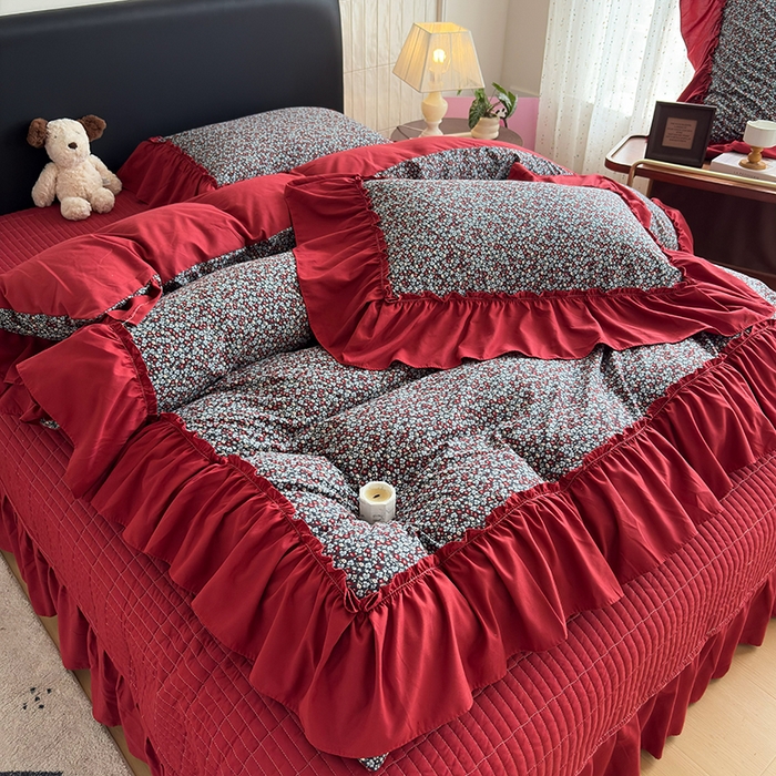 91家纺网 家纺一手货源 找家纺 梵克保罗 2026新款韩系古法韩国水洗棉云感棉法式浪漫大花边床盖四件套 红裙花影