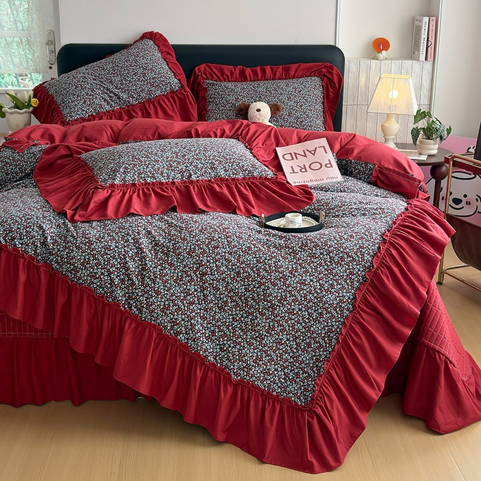 91家纺网 家纺一手货源 找家纺 梵克保罗 2026新款韩系古法韩国水洗棉云感棉法式浪漫大花边床盖四件套 红裙花影