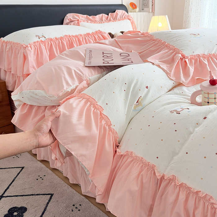 梵克保罗 2026新款韩系古法韩国水洗棉云感棉法式浪漫大花边床盖四件套 桃心木马