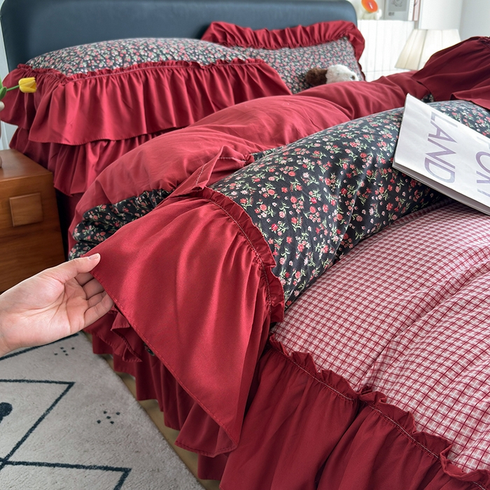 梵克保罗 2026新款韩系古法韩国水洗棉云感棉法式浪漫大花边床盖四件套 红调花漾