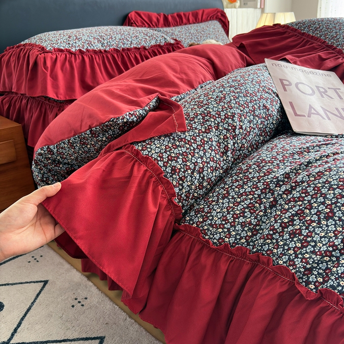 91家纺网 家纺一手货源 找家纺 梵克保罗 2026新款韩系古法韩国水洗棉云感棉法式浪漫大花边床盖四件套 红裙花影