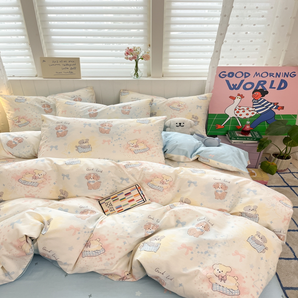 91家纺网 家纺一手货源 找家纺 晨希家居 2026春夏新款全棉纯棉小清新多规格四件套 星愿犬