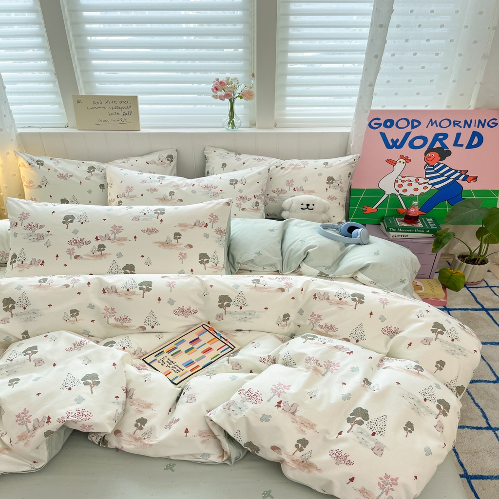 91家纺网 家纺一手货源 找家纺 晨希家居 2026春夏新款全棉纯棉小清新多规格四件套 松果梦