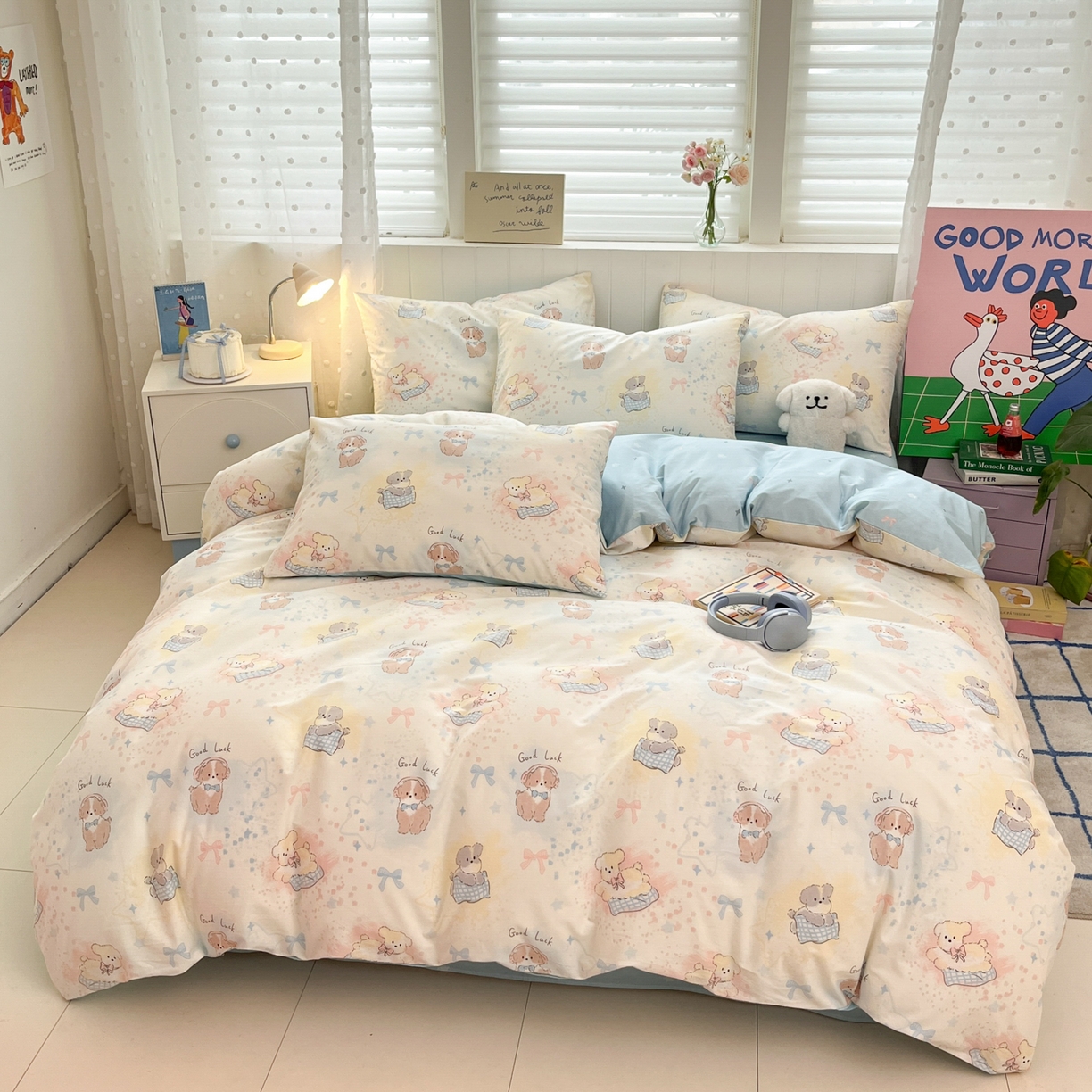 91家纺网 家纺一手货源 找家纺 晨希家居 2026春夏新款全棉纯棉小清新多规格四件套 星愿犬