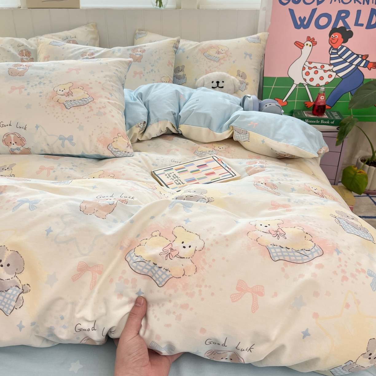 91家纺网 家纺一手货源 找家纺 晨希家居 2026春夏新款全棉纯棉小清新多规格四件套 星愿犬