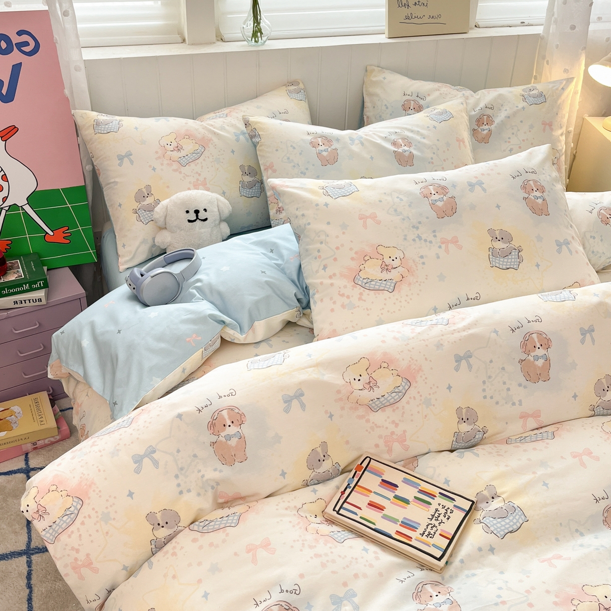 91家纺网 家纺一手货源 找家纺 晨希家居 2026春夏新款全棉纯棉小清新多规格四件套 星愿犬