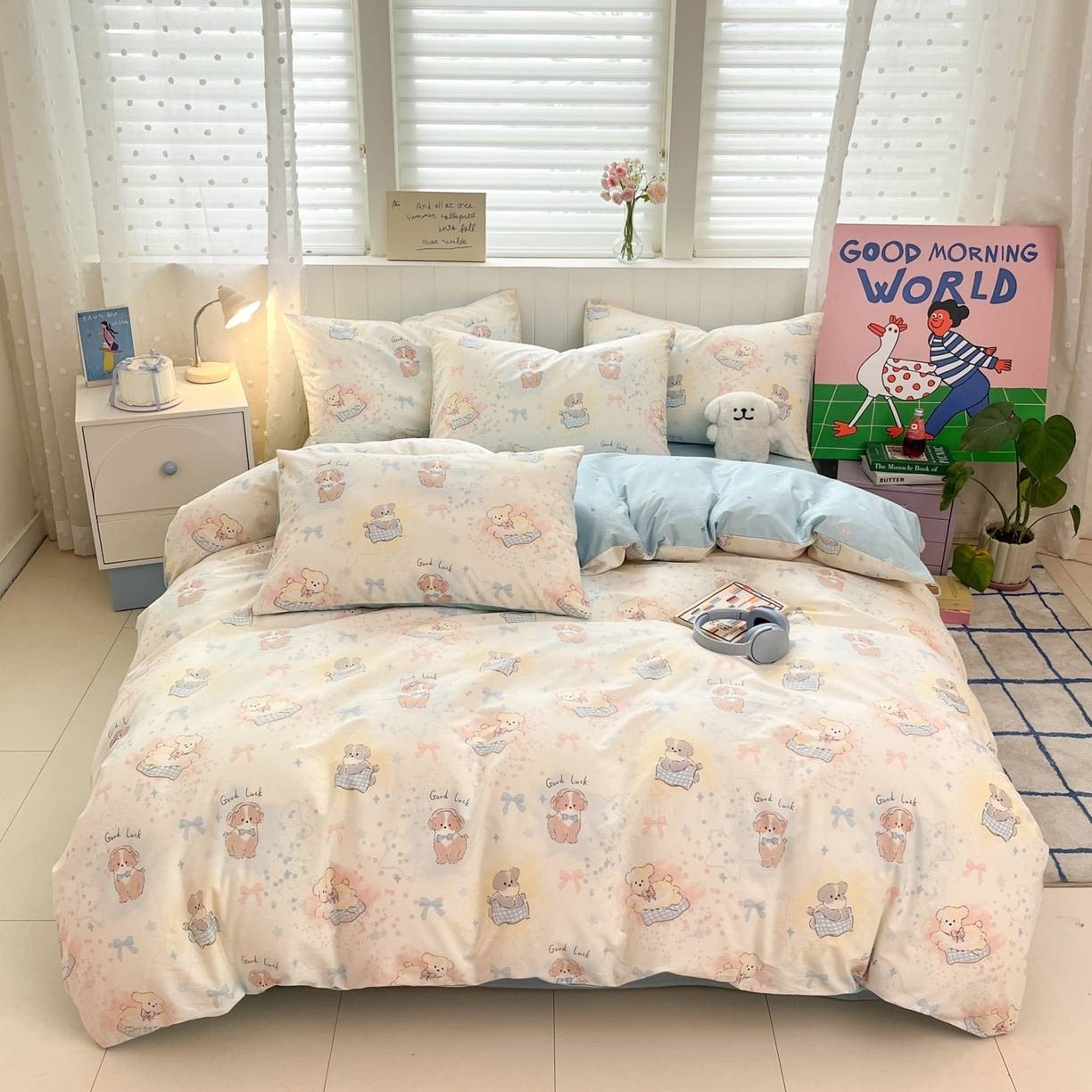 91家纺网 家纺一手货源 找家纺 晨希家居 2026春夏新款全棉纯棉小清新多规格四件套 星愿犬