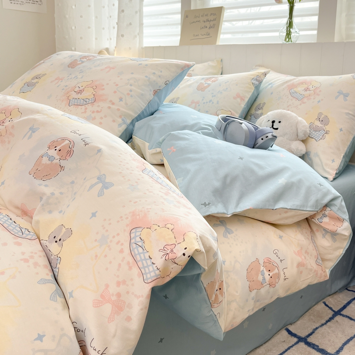 91家纺网 家纺一手货源 找家纺 晨希家居 2026春夏新款全棉纯棉小清新多规格四件套 星愿犬