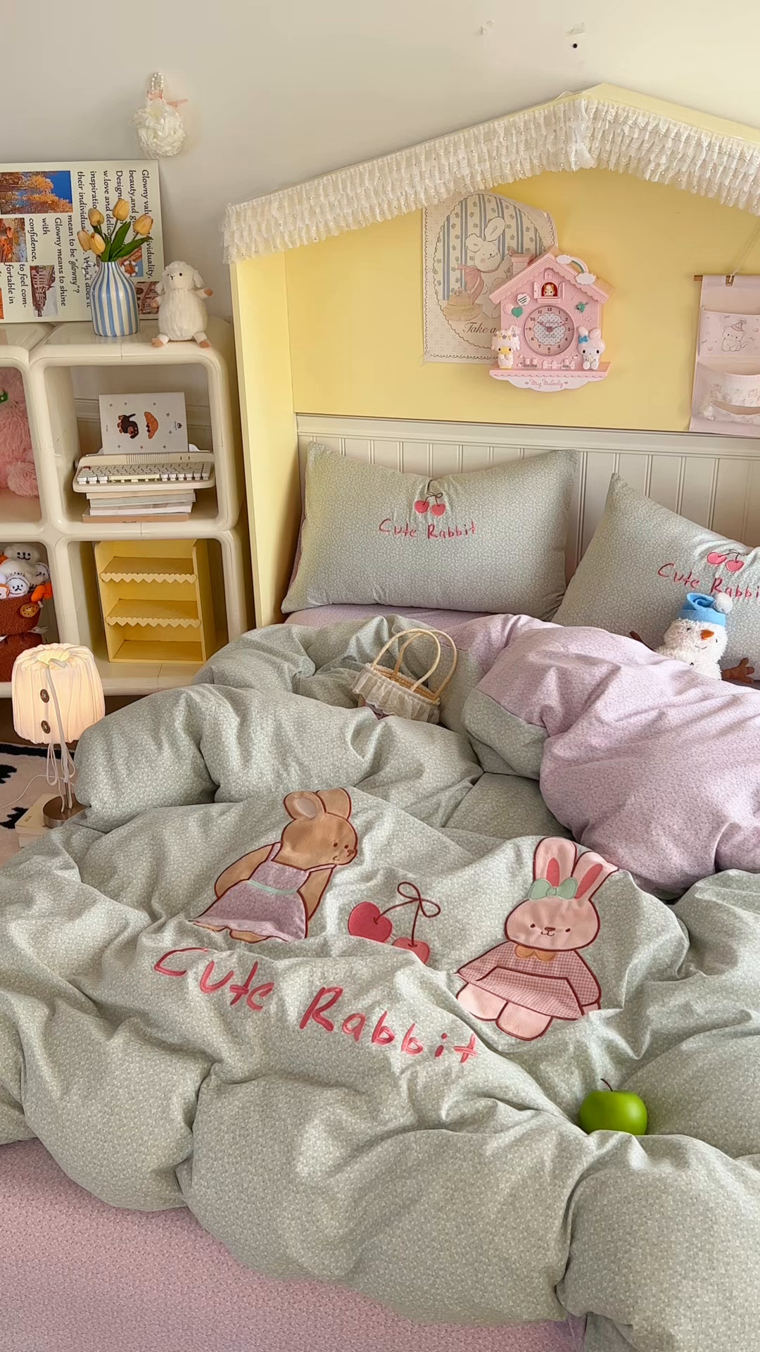 91家纺网 家纺一手货源 找家纺 丫丫家纺 2026新款古法水洗棉贴布绣床单款四件套 萌萌兔绿