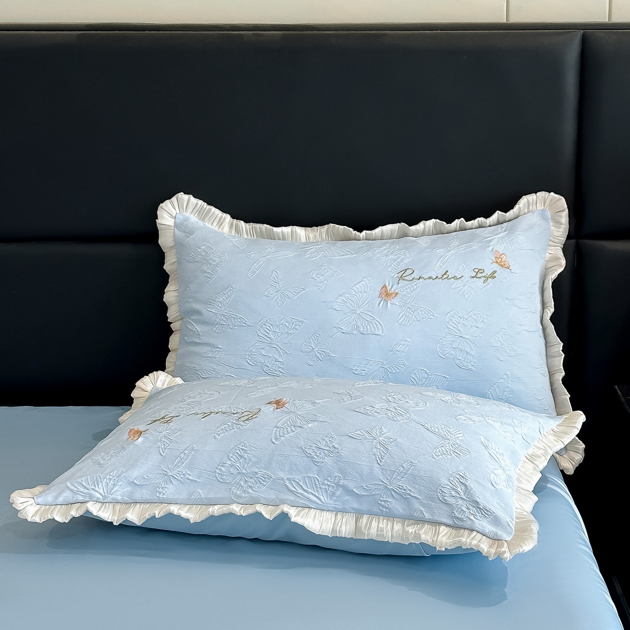 91家纺网 家纺一手货源 找家纺 宇航家纺 2026新款浮雕花边水洗真丝四件套-梦境 梦境-天蓝