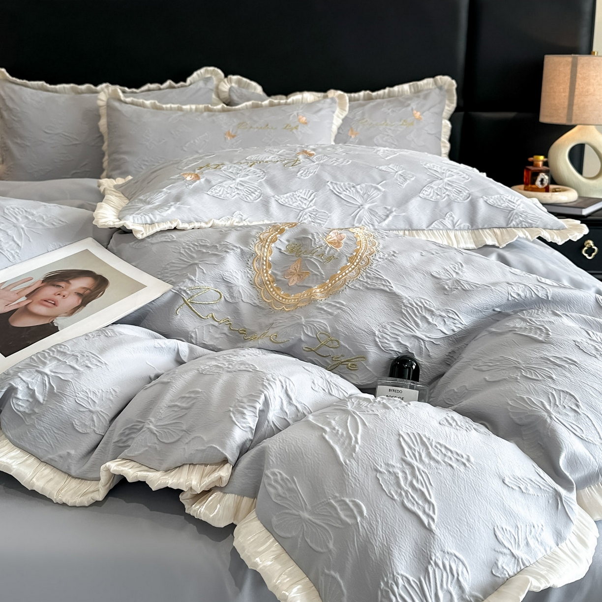 宇航家纺 2026新款浮雕花边水洗真丝四件套-梦境 梦境-银灰