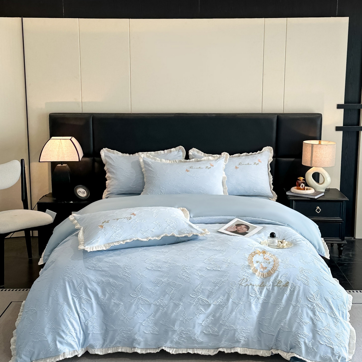 91家纺网 家纺一手货源 找家纺 宇航家纺 2026新款浮雕花边水洗真丝四件套-梦境 梦境-天蓝