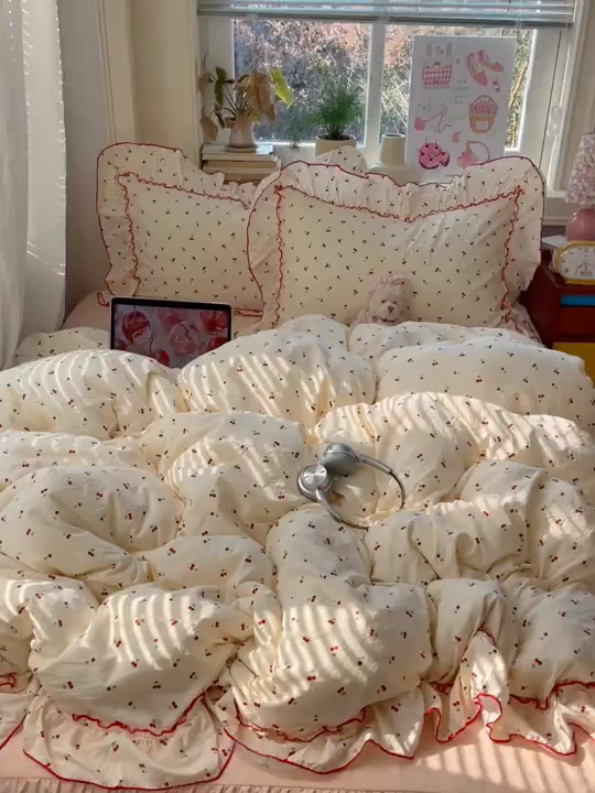 91家纺网 家纺一手货源 找家纺 （总）轻奢坊 2026春夏新款水洗棉密拷花边四件套-春日