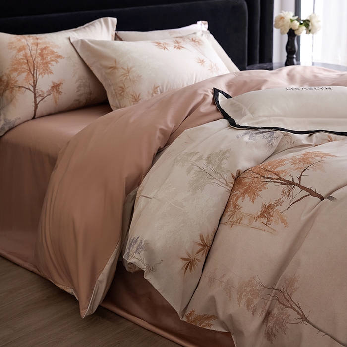 91家纺网 家纺一手货源 找家纺 梧桐树 2026新款全棉纯棉长绒棉数码印花系列四件套 S54森屿咖