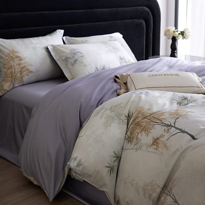 91家纺网 家纺一手货源 找家纺 梧桐树 2026新款全棉纯棉长绒棉数码印花系列四件套 S55森屿灰