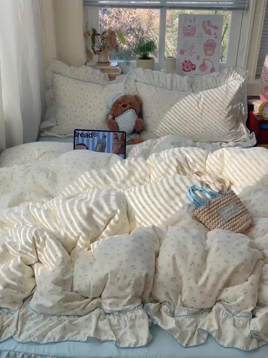 91家纺网 家纺一手货源 找家纺 轻奢坊 2026春夏新款水洗棉密拷花边四件套-春日 春日-小花蓝