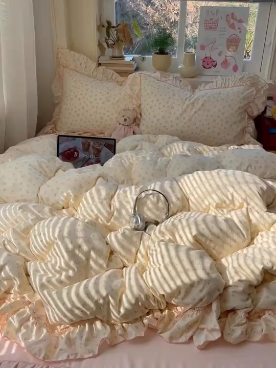 91家纺网 家纺一手货源 找家纺 轻奢坊 2026春夏新款水洗棉密拷花边四件套-春日 春日-碎花粉