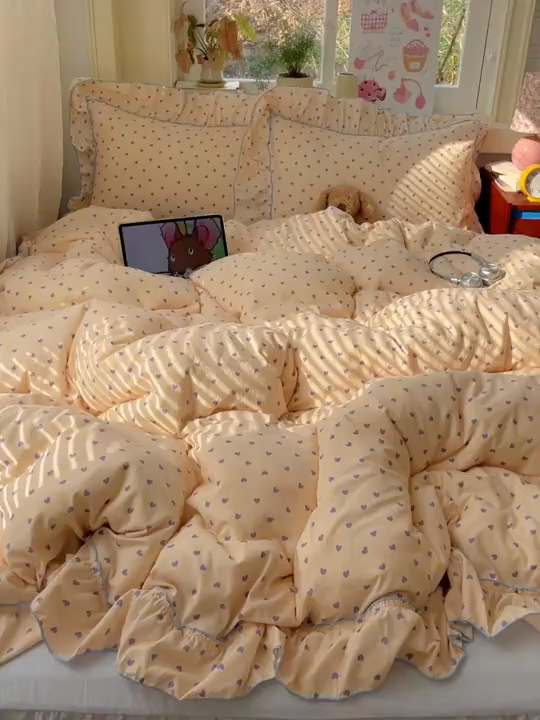 91家纺网 家纺一手货源 找家纺 轻奢坊 2026春夏新款水洗棉密拷花边四件套-春日 春日-紫心心