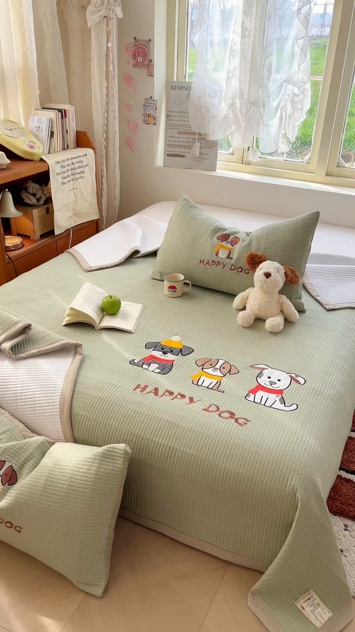 91家纺网 家纺一手货源 找家纺 丫丫家纺 2026新款古法水洗棉贴布绣加厚床盖三件套 旺财狗狗