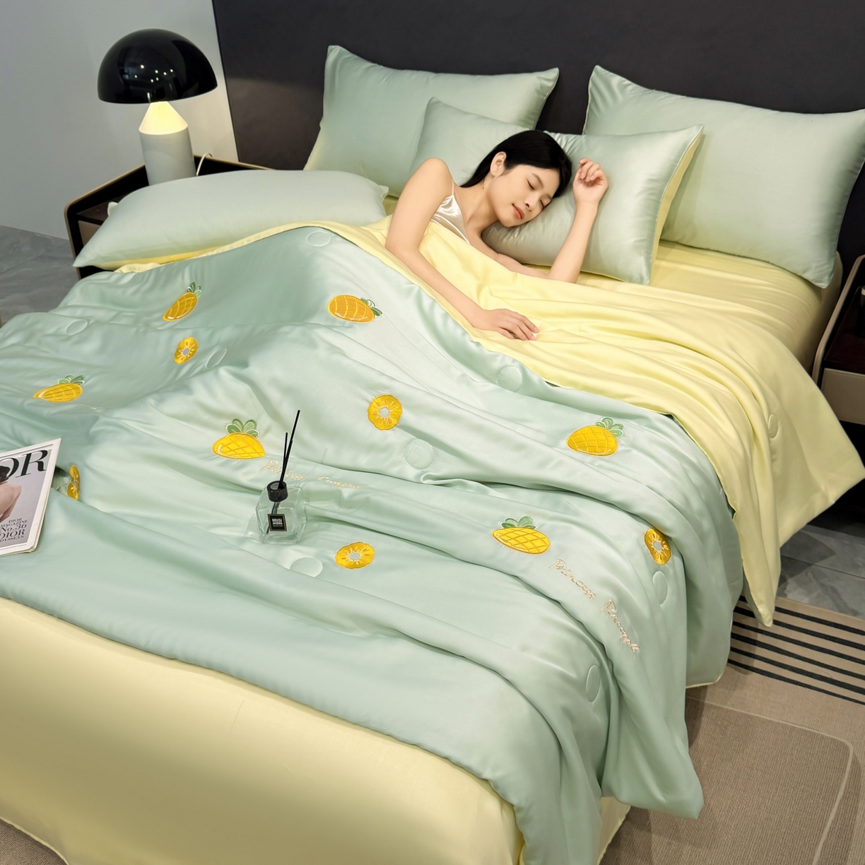 恒畅 2026新款满绣水洗冰丝夏被夏被四件套 菠萝织夏-水绿黄