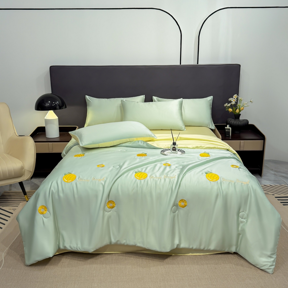 91家纺网 家纺一手货源 找家纺 恒畅 2026新款满绣水洗冰丝夏被夏被四件套 菠萝织夏-水绿黄