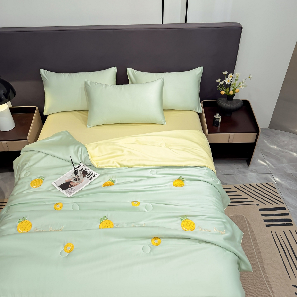 91家纺网 家纺一手货源 找家纺 恒畅 2026新款满绣水洗冰丝夏被夏被四件套 菠萝织夏-水绿黄