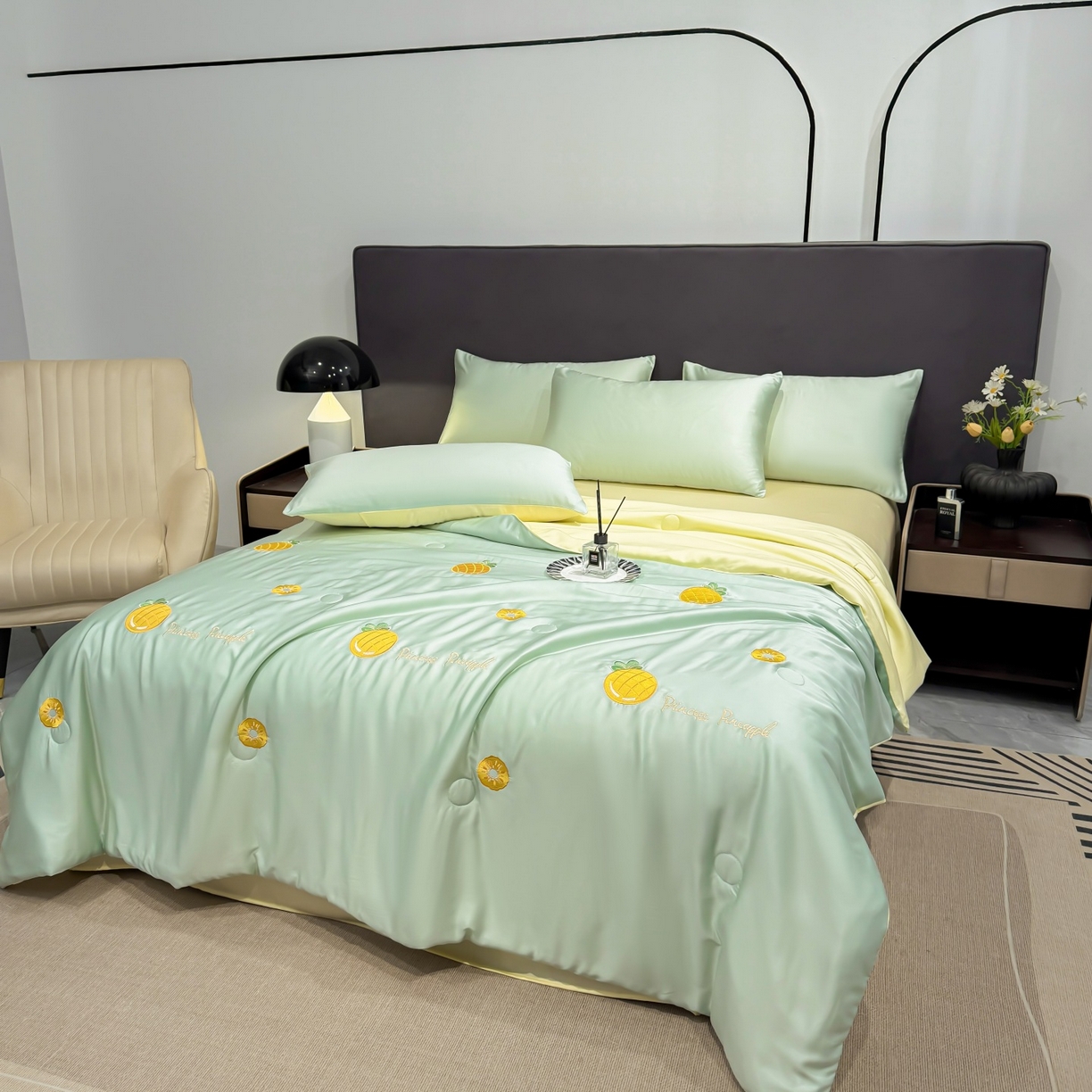 91家纺网 家纺一手货源 找家纺 恒畅 2026新款满绣水洗冰丝夏被夏被四件套 菠萝织夏-水绿黄