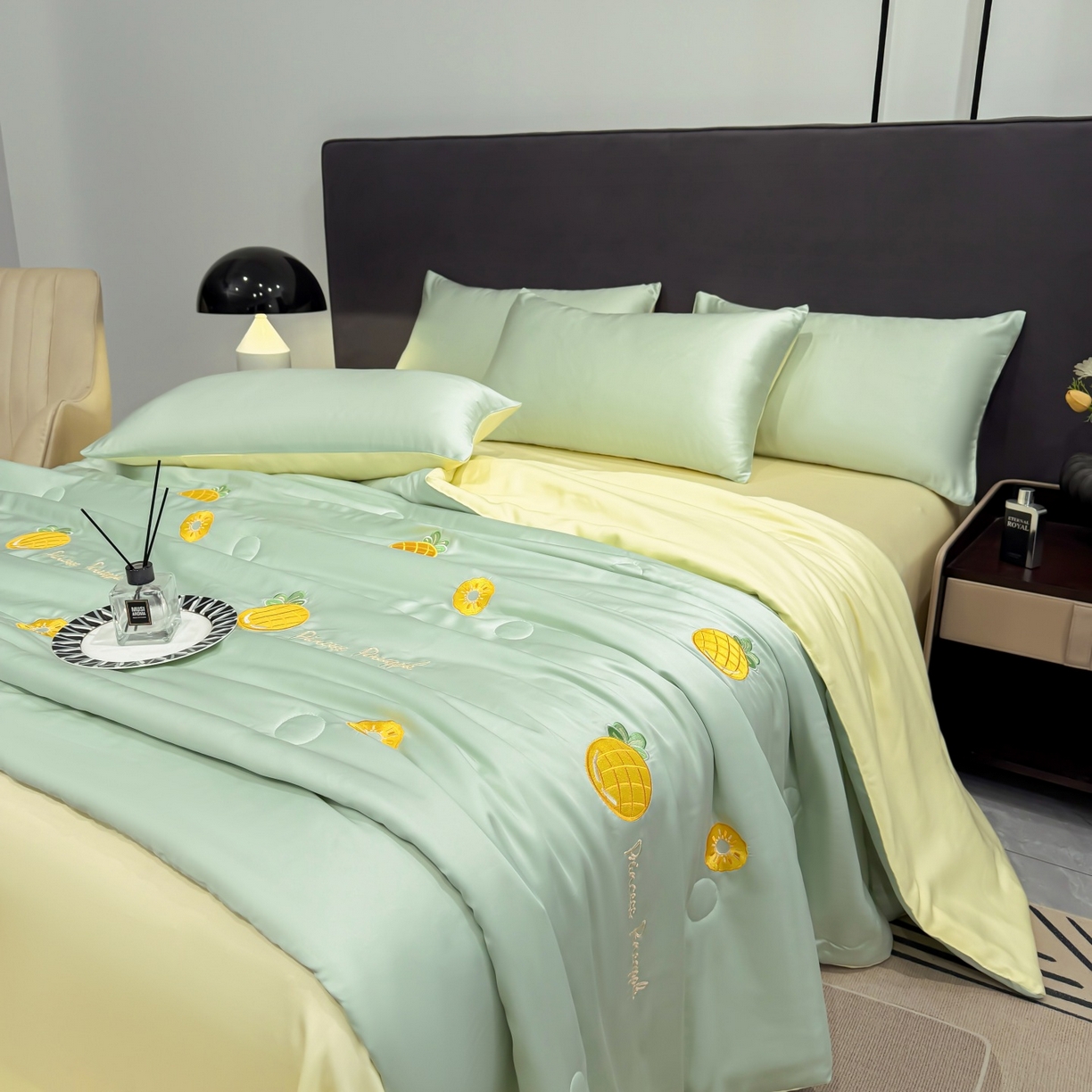 91家纺网 家纺一手货源 找家纺 恒畅 2026新款满绣水洗冰丝夏被夏被四件套 菠萝织夏-水绿黄
