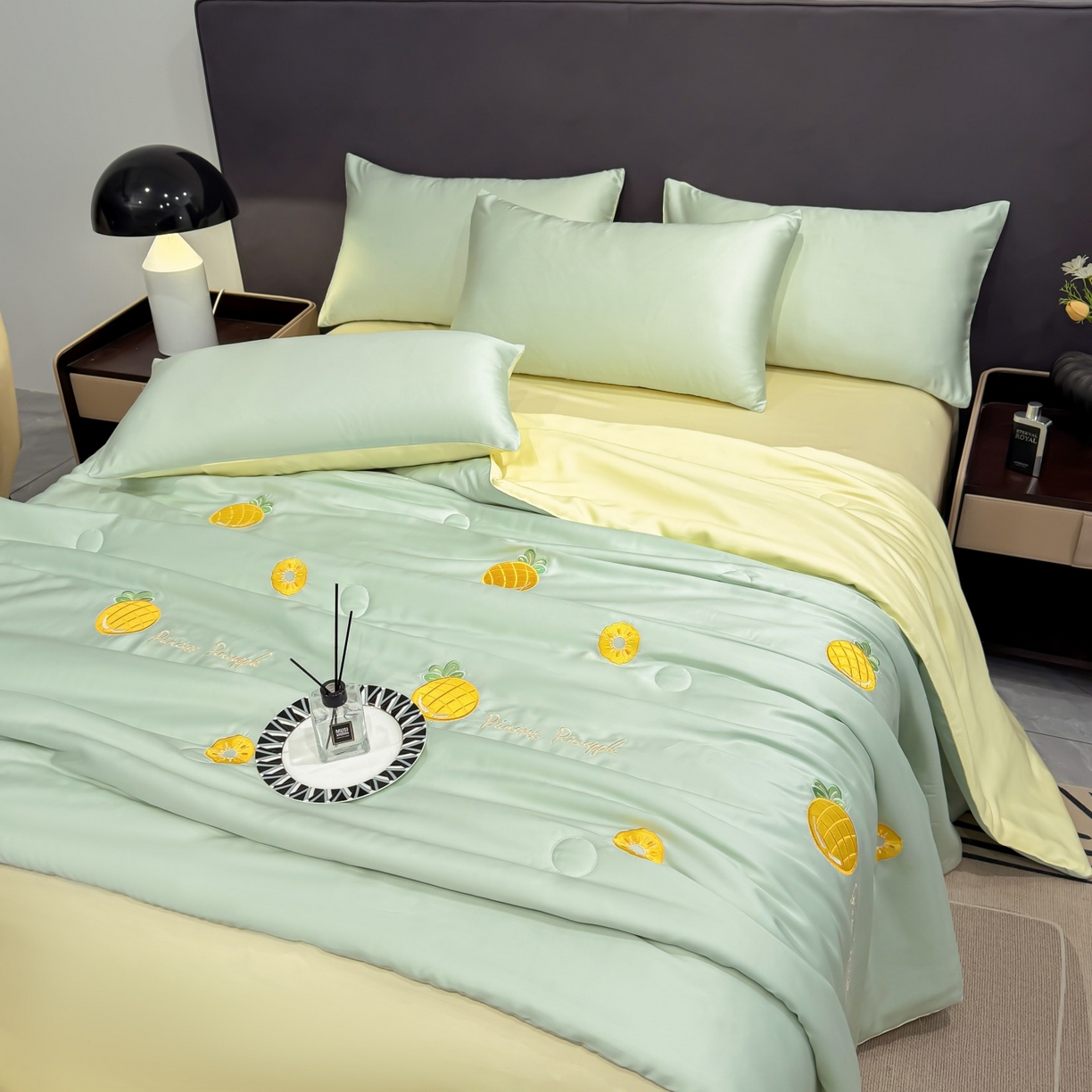 91家纺网 家纺一手货源 找家纺 恒畅 2026新款满绣水洗冰丝夏被夏被四件套 菠萝织夏-水绿黄