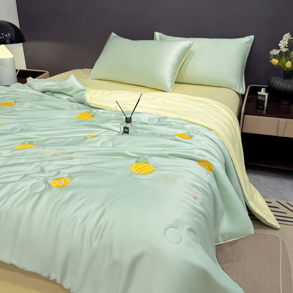 91家纺网 家纺一手货源 找家纺 恒畅 2026新款满绣水洗冰丝夏被夏被四件套 菠萝织夏-水绿黄