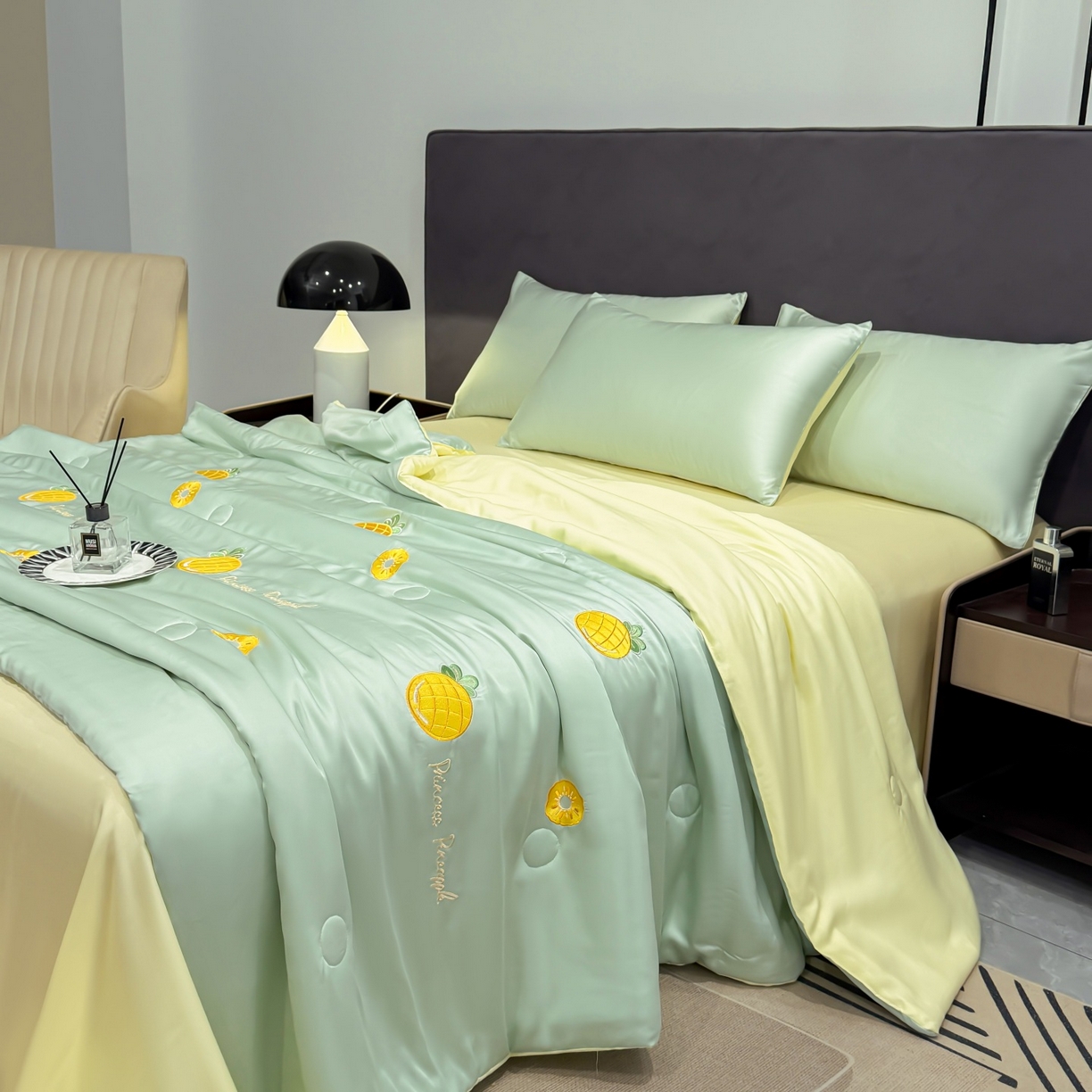 91家纺网 家纺一手货源 找家纺 恒畅 2026新款满绣水洗冰丝夏被夏被四件套 菠萝织夏-水绿黄