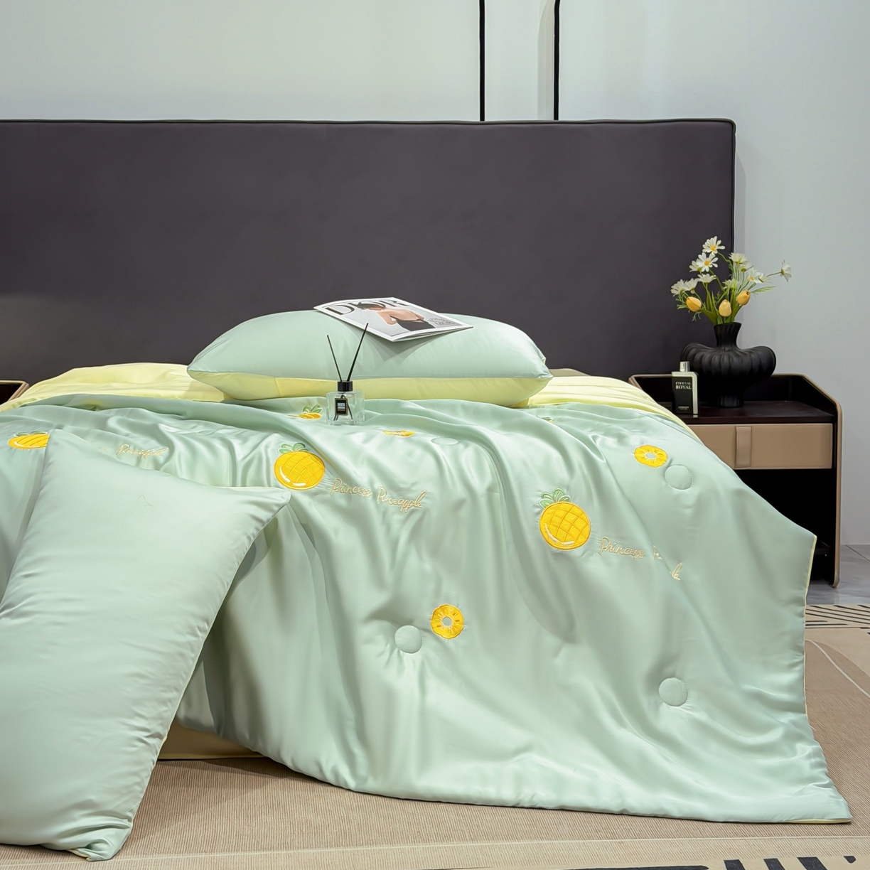 91家纺网 家纺一手货源 找家纺 恒畅 2026新款满绣水洗冰丝夏被夏被四件套 菠萝织夏-水绿黄