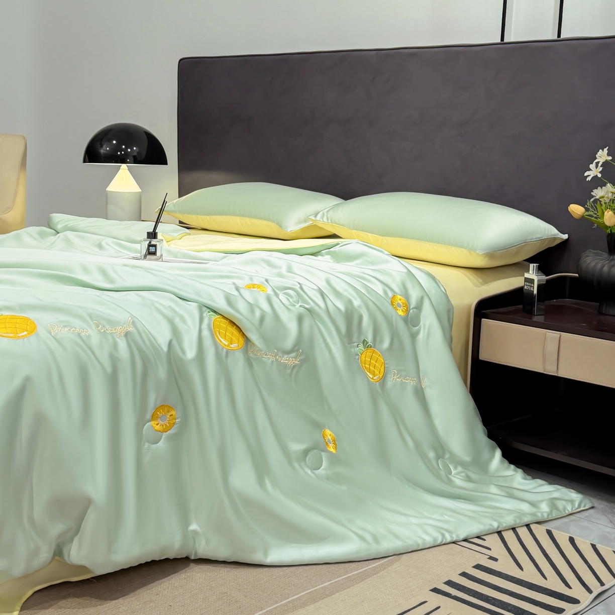 91家纺网 家纺一手货源 找家纺 恒畅 2026新款满绣水洗冰丝夏被夏被四件套 菠萝织夏-水绿黄