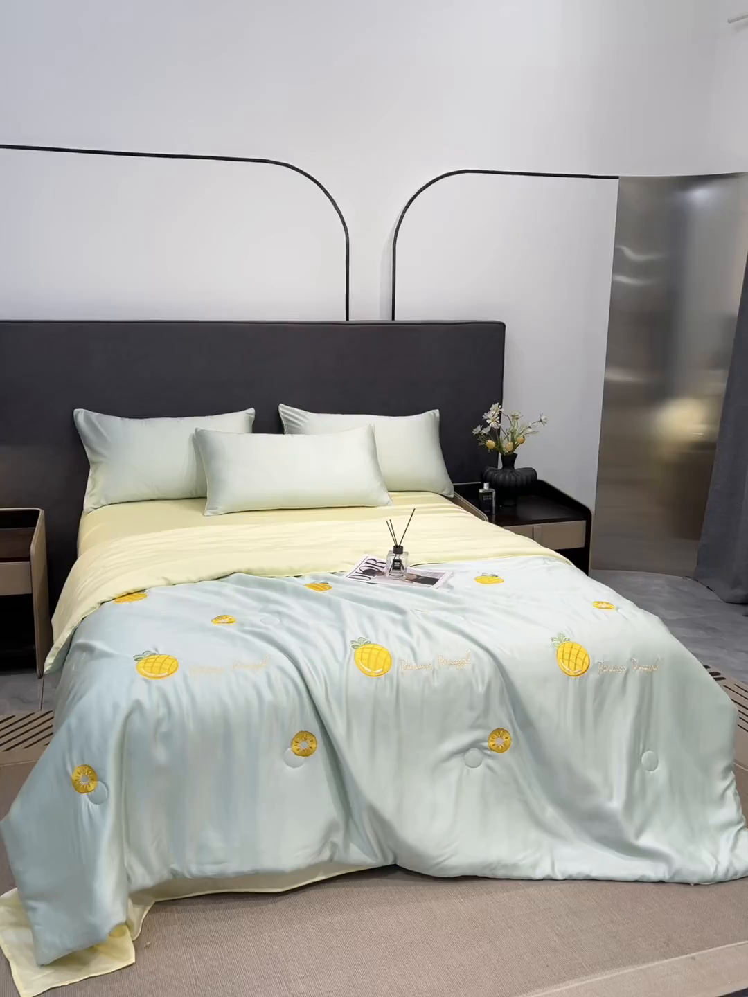 91家纺网 家纺一手货源 找家纺 恒畅 2026新款满绣水洗冰丝夏被夏被四件套 菠萝织夏-水绿黄