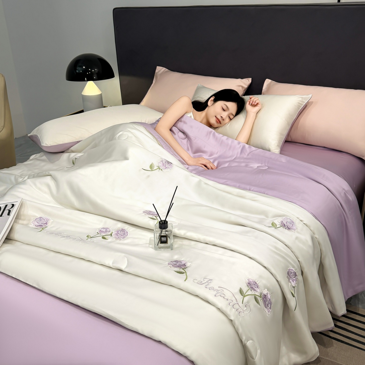 恒畅 2026新款满绣水洗冰丝夏被夏被四件套 粉黛玫瑰-奶昔白紫