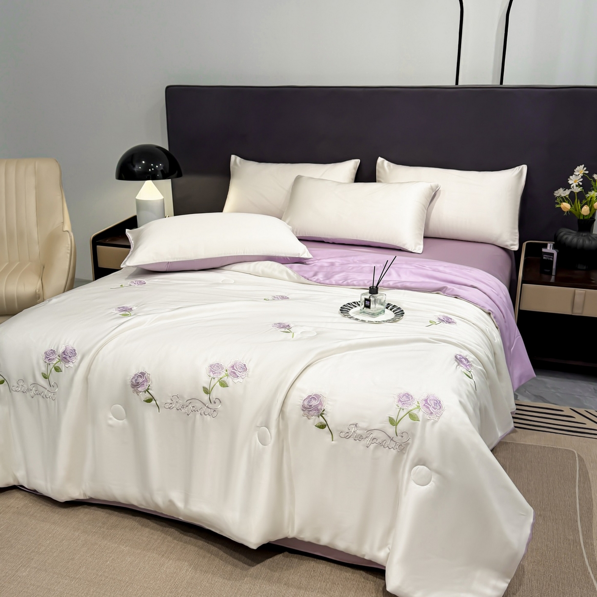 91家纺网 家纺一手货源 找家纺 恒畅 2026新款满绣水洗冰丝夏被夏被四件套 粉黛玫瑰-奶昔白紫