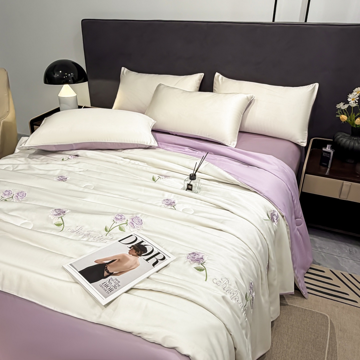 91家纺网 家纺一手货源 找家纺 恒畅 2026新款满绣水洗冰丝夏被夏被四件套 粉黛玫瑰-奶昔白紫