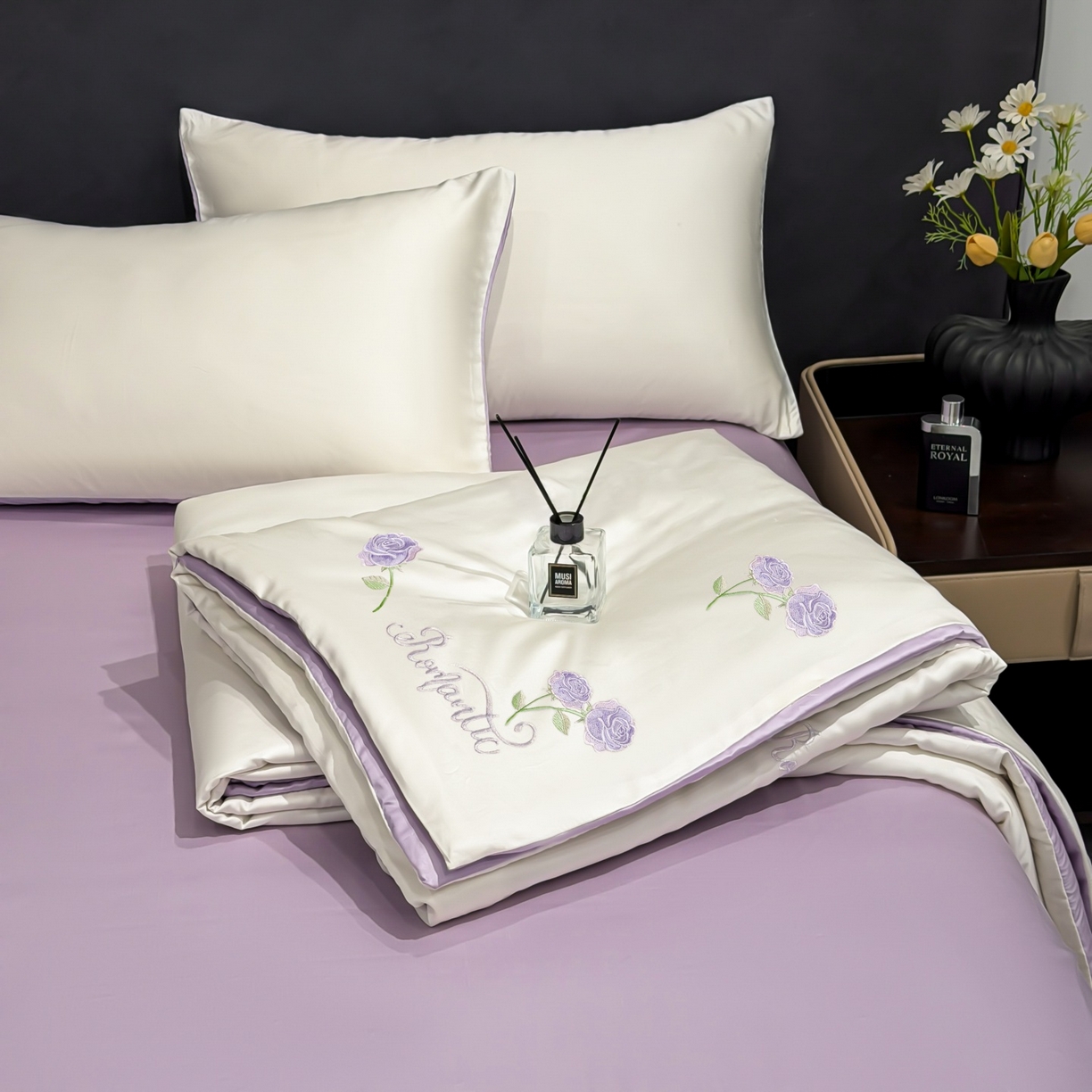 91家纺网 家纺一手货源 找家纺 恒畅 2026新款满绣水洗冰丝夏被夏被四件套 粉黛玫瑰-奶昔白紫