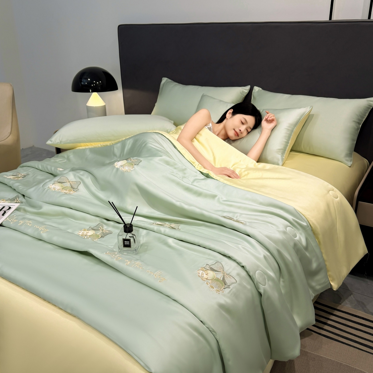 恒畅 2026新款满绣水洗冰丝夏被夏被四件套 粉铃轻语-水绿黄