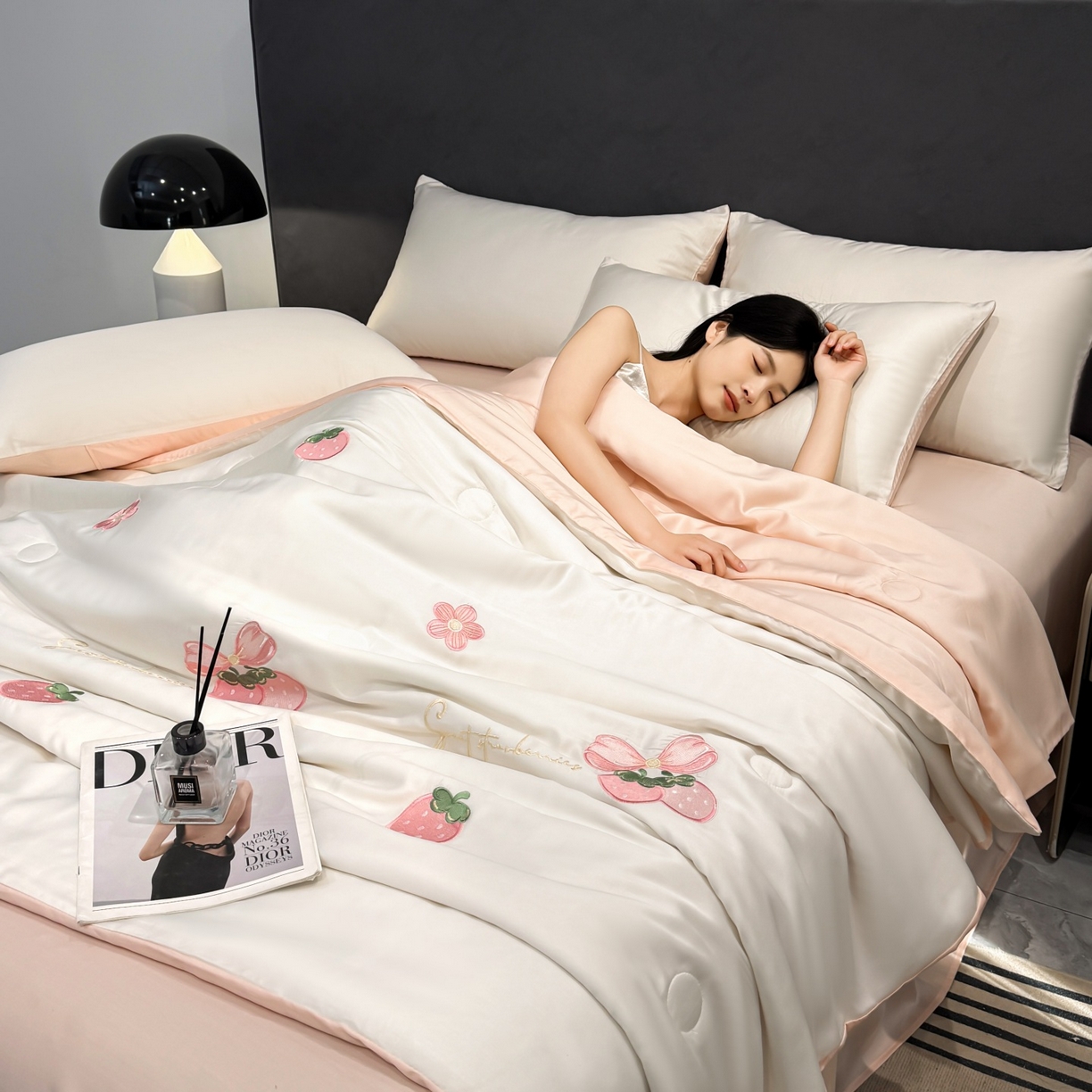 恒畅 2026新款满绣水洗冰丝夏被夏被四件套 粉莓轻夏-奶昔白粉